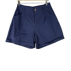 Belle Poque Blue High Rise Pleated Shorts Stretch Women's XL Retro Cuffed NEW